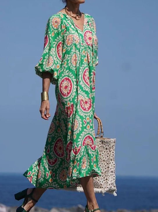 Women's Dresses Vintage Print Puff Sleeve Maxi Dress - Maxi Dresses - Instastyled | Online Fashion Free Shipping Clothing, Dresses, Tops, Shoes - 19/08/2022 - BS220401A220619 - Color_Green