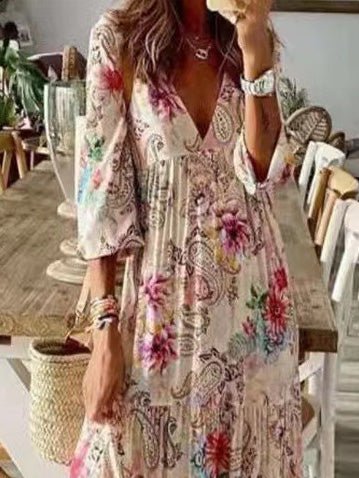 Women's Dresses Bohemian Print 3/4 Sleeve Chiffon Dress - Maxi Dresses - Instastyled | Online Fashion Free Shipping Clothing, Dresses, Tops, Shoes - 19/08/2022 - Color_Multicolor - DRE2208195192