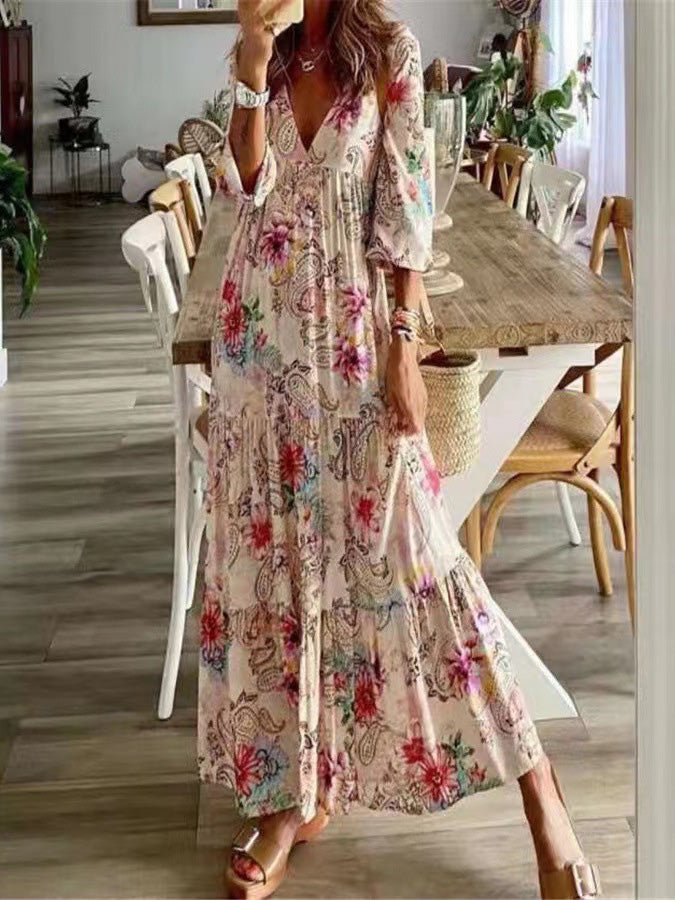 Women's Dresses Bohemian Print 3/4 Sleeve Chiffon Dress - Maxi Dresses - Instastyled | Online Fashion Free Shipping Clothing, Dresses, Tops, Shoes - 19/08/2022 - Color_Multicolor - DRE2208195192