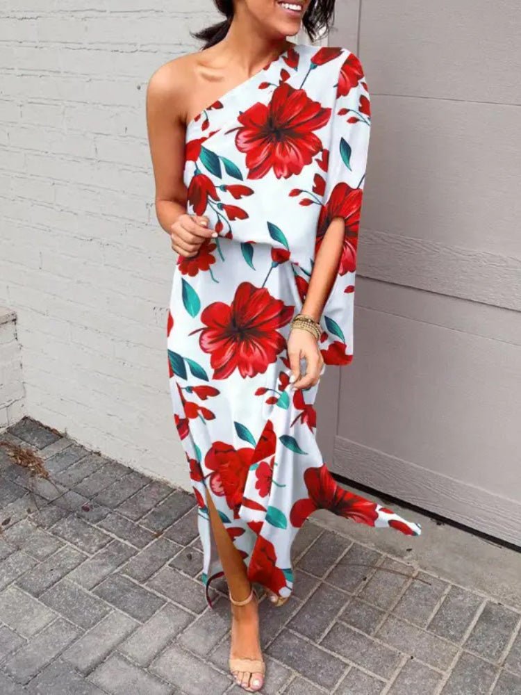 Women's Dresses One Shoulder Slit Print Dress - Maxi Dresses - Instastyled | Online Fashion Free Shipping Clothing, Dresses, Tops, Shoes - 19/08/2022 - Color_Black - Color_White