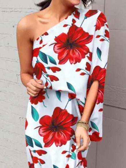 Women's Dresses One Shoulder Slit Print Dress - Maxi Dresses - Instastyled | Online Fashion Free Shipping Clothing, Dresses, Tops, Shoes - 19/08/2022 - Color_Black - Color_White