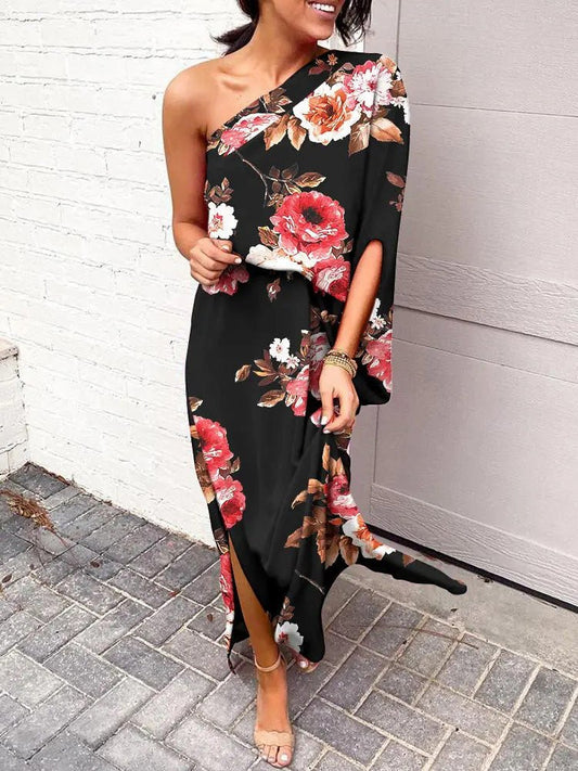 Women's Dresses One Shoulder Slit Print Dress - Maxi Dresses - Instastyled | Online Fashion Free Shipping Clothing, Dresses, Tops, Shoes - 19/08/2022 - Color_Black - Color_White