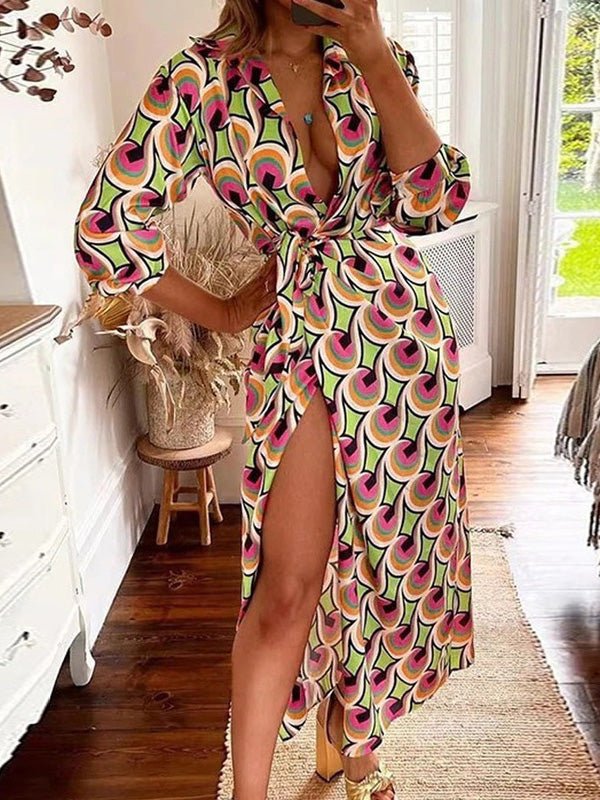 Women's Dresses Printed Lapel Tie Long Sleeve Slit Dress - Maxi Dresses - Instastyled | Online Fashion Free Shipping Clothing, Dresses, Tops, Shoes - 19/08/2022 - Color_Blue - Color_Green