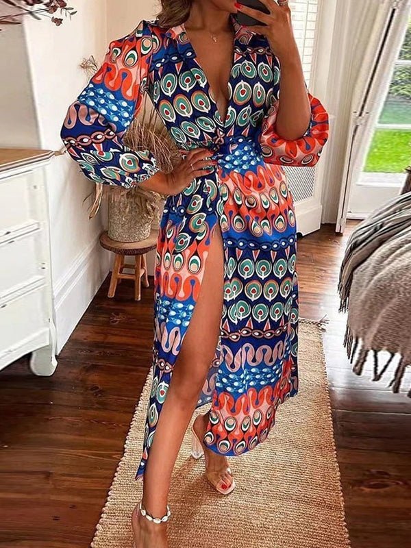 Women's Dresses Printed Lapel Tie Long Sleeve Slit Dress - Maxi Dresses - Instastyled | Online Fashion Free Shipping Clothing, Dresses, Tops, Shoes - 19/08/2022 - Color_Blue - Color_Green