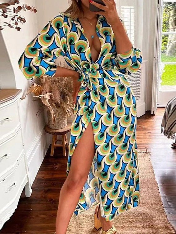 Women's Dresses Printed Lapel Tie Long Sleeve Slit Dress - Maxi Dresses - Instastyled | Online Fashion Free Shipping Clothing, Dresses, Tops, Shoes - 19/08/2022 - Color_Blue - Color_Green