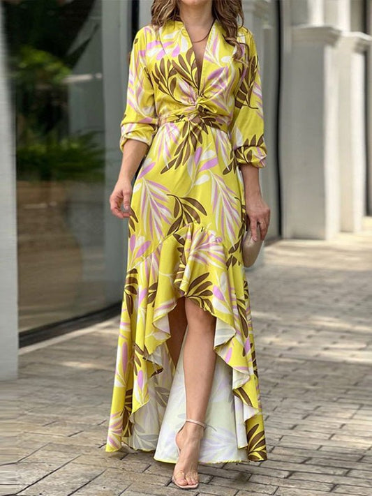 Women's Dresses Printed V-Neck High Waist Ruffle Dress - Maxi Dresses - Instastyled | Online Fashion Free Shipping Clothing, Dresses, Tops, Shoes - 19/08/2022 - Color_Yellow - DRE2208195194