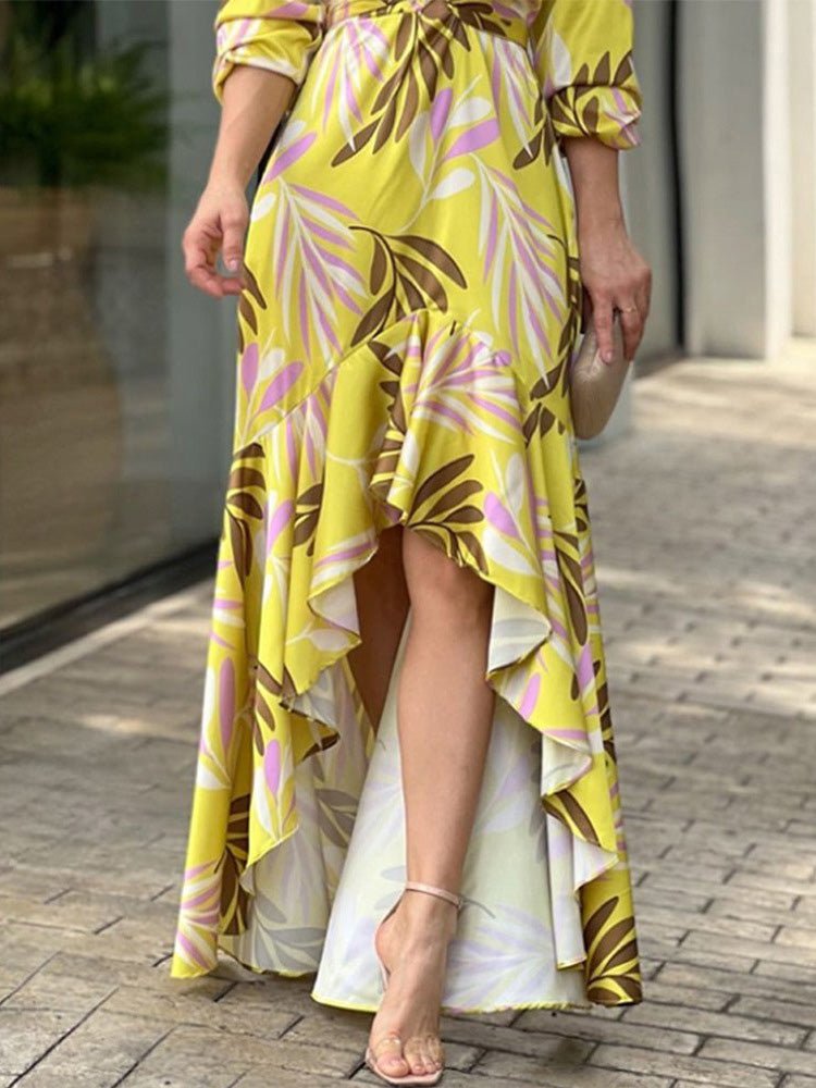 Women's Dresses Printed V-Neck High Waist Ruffle Dress - Maxi Dresses - Instastyled | Online Fashion Free Shipping Clothing, Dresses, Tops, Shoes - 19/08/2022 - Color_Yellow - DRE2208195194