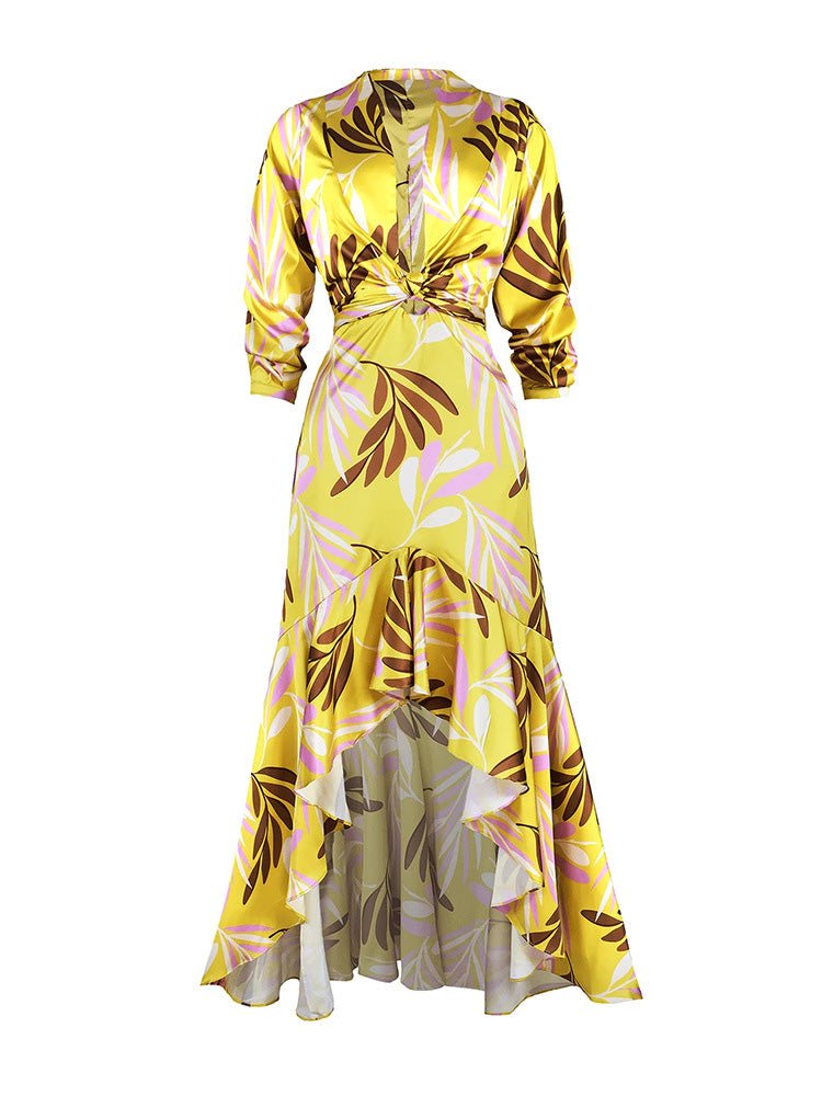 Women's Dresses Printed V-Neck High Waist Ruffle Dress - Maxi Dresses - Instastyled | Online Fashion Free Shipping Clothing, Dresses, Tops, Shoes - 19/08/2022 - Color_Yellow - DRE2208195194