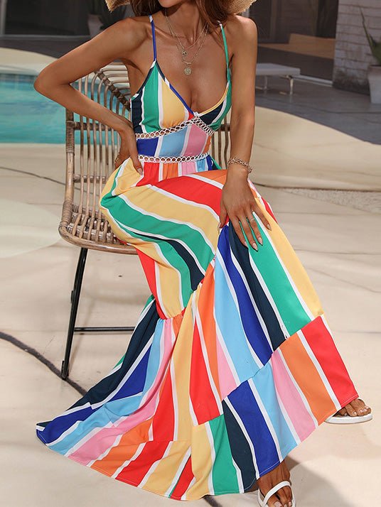 Women's Dresses Rainbow Stripe Print Sling Bare Back Maxi Dress - Maxi Dresses - Instastyled | Online Fashion Free Shipping Clothing, Dresses, Tops, Shoes - 19/08/2022 - Color_Blue - Color_Multicolor