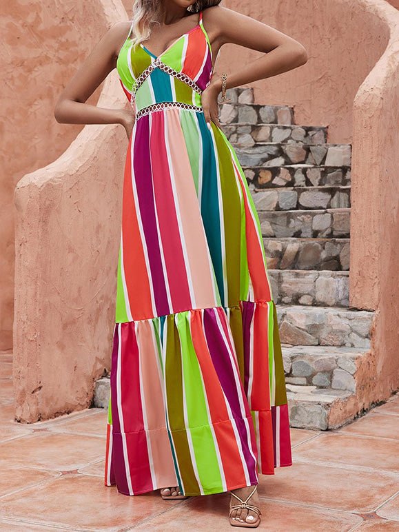 Women's Dresses Rainbow Stripe Print Sling Bare Back Maxi Dress - Maxi Dresses - Instastyled | Online Fashion Free Shipping Clothing, Dresses, Tops, Shoes - 19/08/2022 - Color_Blue - Color_Multicolor