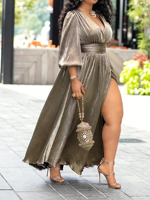 Women's Dresses V Neck Long Sleeve Slit Dress - Maxi Dresses - Instastyled | Online Fashion Free Shipping Clothing, Dresses, Tops, Shoes - 23/08/2022 - color-gold - Color_Gold